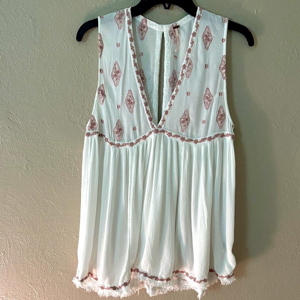 FREE PEOPLE Women’s Embroidered White Lightweight Tank, White, Small - Picture 1 of 6